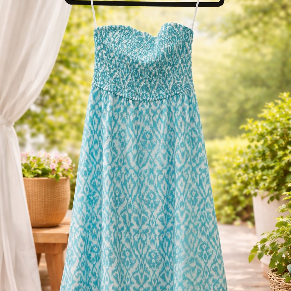 SHEIN Aqua and White Strapless Ikat Maxi Dress